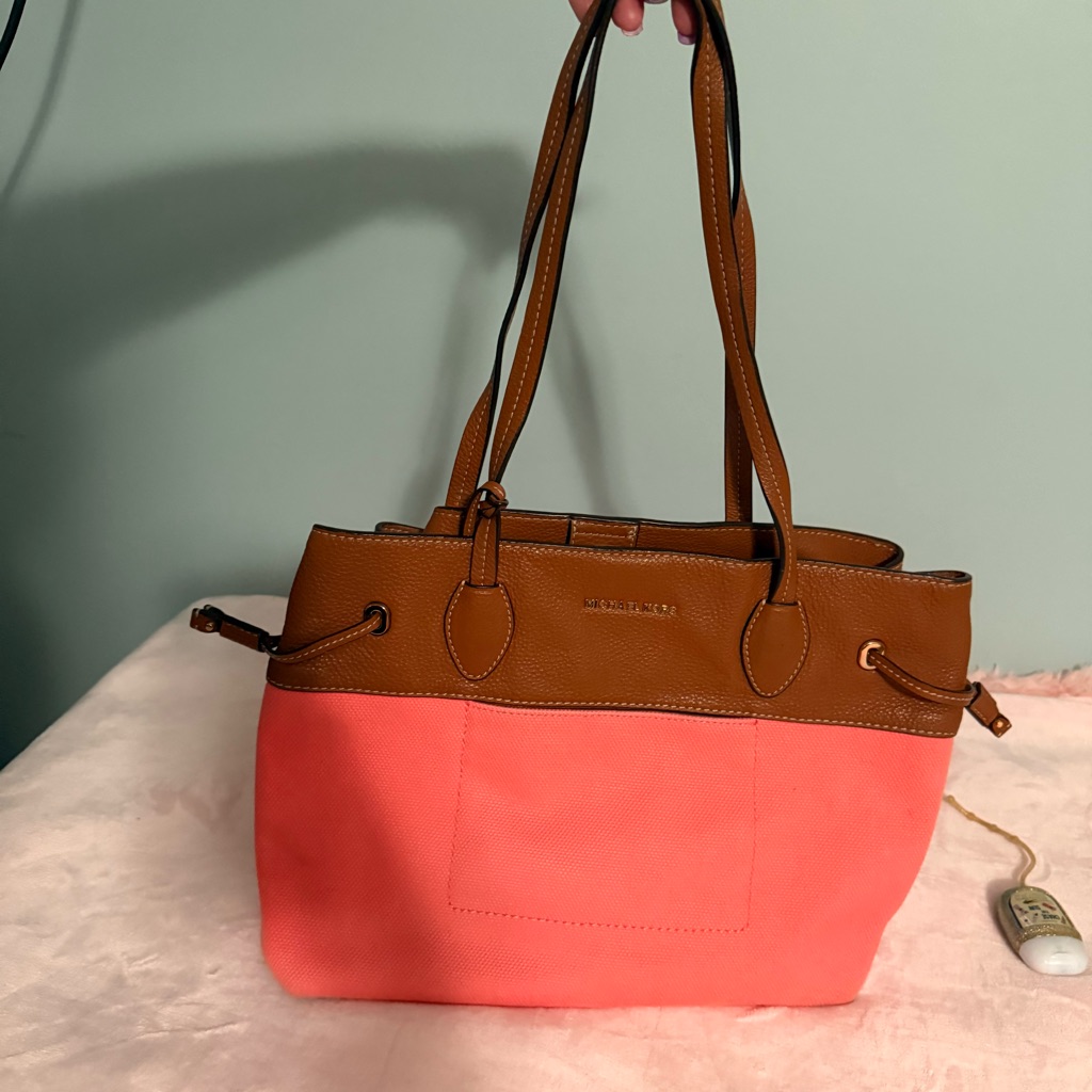 Michael Kors Coral And Tan Tote Bag
